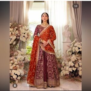 Designer ASIM JOFA Embroidered Maroon & Orange Formal Anarkali Dress